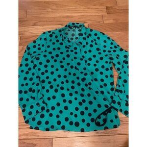 Zara, women's green polka dot, collared wrap blouse size medium